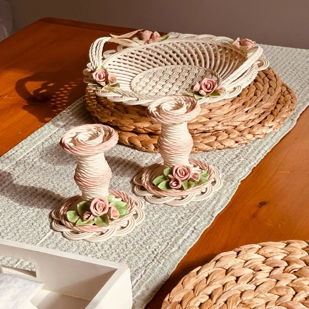 Whimsical Candlesticks Pair of 2 Rose Adorned Cream Pink 1991 Belleek Bev Sparks